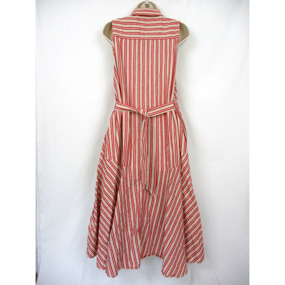 Palmer Harding Shirt Dress Womens 8 Linen Blend Striped A-Line Belted Red Beige - Picture 4 of 16